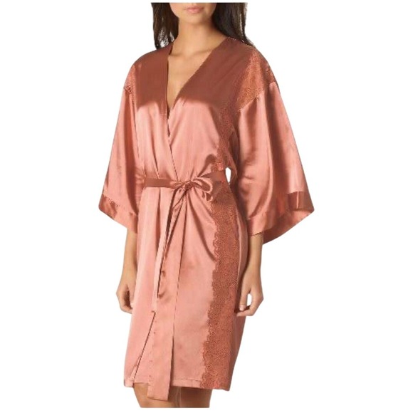 La Senza Kimono Robe Small Medium Pink Lace Trim Short Sleeve Satin Sleepwear - Picture 1 of 9